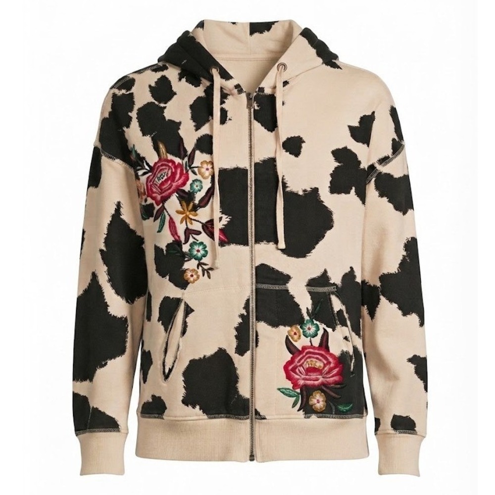 Caite Womens Cow Print Floral Embroidered Full Zip Hoodie Jacket Size M - CJ